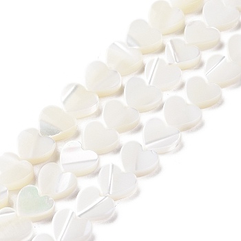 Natural Trochus Shell Beads Strands, Heart, White, 8.5x8.5x2.5mm, Hole: 0.7mm, about 52~53pcs/strand, 15.71''(39.9cm)