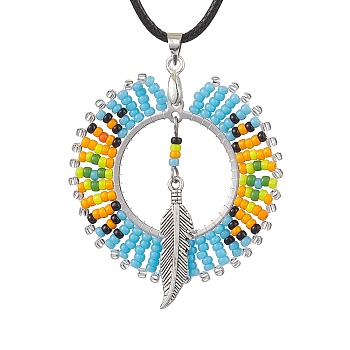 Boho Style Glass Seed Beads & Feather Alloy Pendant Necklaces, Waxed Cotton Cord Neckalces for Women, Deep Sky Blue, 17.40 inch(44.2cm)