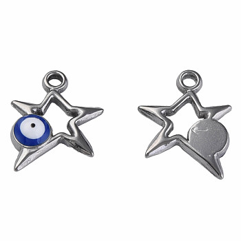 304 Stainless Steel Enamel Pendants, Star with Evil Eye, Stainless Steel Color, Dark Blue, 14.5x13x3mm, Hole: 1.6mm