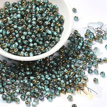Glass Seed Beads, Half Plated, Inside Colours, Round Hole, Round, Light Cyan, 4x3mm, Hole: 1.4mm, 5000pcs/pound