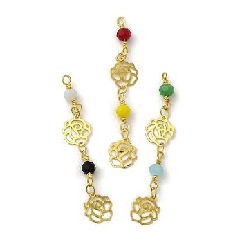 Glass Beaded Pendants, with Real 18K Gold Plated Brass Loop, Rose Flower Charm, Mixed Color, 47x8x4mm, Hole: 1.6mm