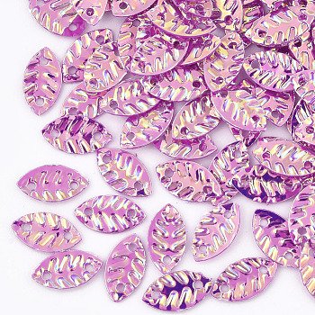 Plastic Paillette Links, Sequins Beads, Leaf, Magenta, 8.5x4.5x0.5mm, Hole: 1mm, about 30000pcs/500g