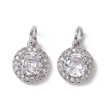 Brass Micro Pave Clear Cubic Zirconia Charms, with Jump Ring, Flat Round, Platinum, 11.5x9.5x4mm, Hole: 3.4mm