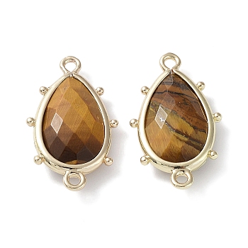 Natural Tiger Eye Connector Charms, with Golden Plated Brass Edge Loops, Faceted, Teardrop, 24x14.5x5mm, Hole: 1.2mm & 1.4mm