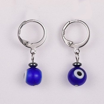 Lampwork Leverback Dangle Earrings, with 304 Stainless Steel Leverback Earring Findings and Non-Magnetic Synthetic Hematite Beads, Evil Eye, Blue, 27~28mm, Pin: 0.7x1mm
