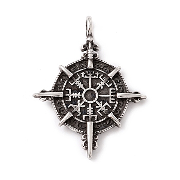 Tibetan Style 304 Stainless Steel Pendants, Compass, Antique Silver, 47x37x4mm, Hole: 5mm