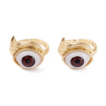 Brass Cuff Rings, Open Rings, with Resin Beads, Long-Lasting Plated, Real 18K Gold Plated, Evil Eye, Dark Red, 3mm, Inner Diameter: 17mm