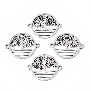 201 Stainless Steel Links Connectors, Laser Cut, Flat Round with Tree of Life, Stainless Steel Color, 19x15x1mm, Hole: 1.4mm