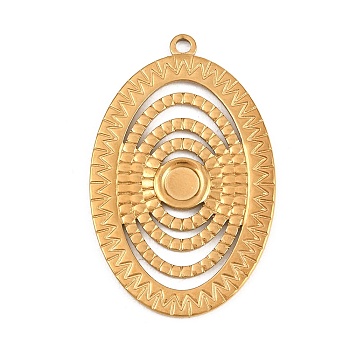 304 Stainless Steel Pendant Cabochon Settings, Hollow Oval Charms, Real 18K Gold Plated, 41x26x1.5mm, Hole: 2mm, Tray Size: 5mm
