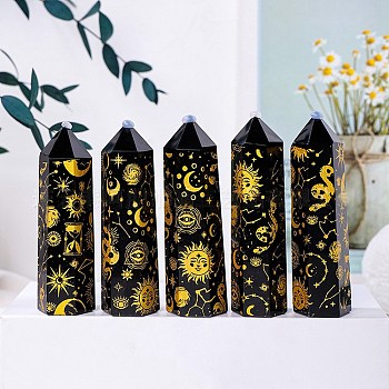 Natural Black Obsidian Pointed Prism Bar Home Display Decoration, Healing Stone Wands, for Reiki Chakra Meditation Therapy Decos, Moon Star Print Faceted Bullet, Gold, 50~60mm