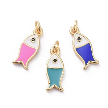 Cubic Zirconia Charms, with Brass Findings and Enamel, Fish, Golden, Mixed Color, 14.5x6x2mm, Hole: 1.8mm