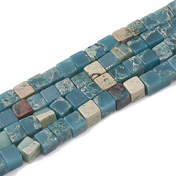 Chips Synthetic Aqua Terra Jasper Beads Strands, Cube, Teal, 4~5x4~5x4~5mm, Hole: 1mm, about 89pcs/strand, 15.9 inch