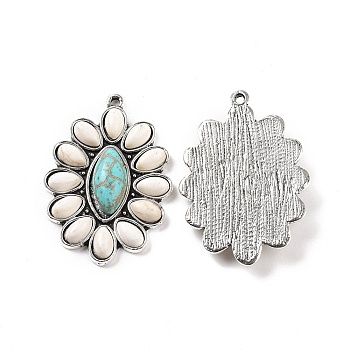 Alloy Pendants, with Synthetic Turquoise, Flower Charms, Antique Silver, 36x25.5x5mm, Hole: 1.5mm