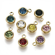 4Pcs Vacuum Plating 303 Stainless Steel Rhinestone Charms, Birthstone Charms, Flat Round, Real 18K Gold Plated, Mixed Color, 8.5x6x3mm, Hole: 1.5mm(STAS-YW0001-27)