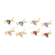 Heart with Arrow Real 18K Gold Plated Brass Stud Earrings, with Clear Cubic Zirconia, Long-Lasting Plated, Lead Free & Cadmium Free, Mixed Color, 6x13mm(EJEW-L270-06G)