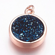 Brass Charms, with Druzy Resin Cabochon, Flat Round, Rose Gold, Marine Blue, 14x11.5x3mm, Hole: 2mm(KK-P145-G02-RG)