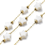 Natural Shell Star Beaded Link Chains, with Ion Plating(IP) Golden 304 Stainless Steel Paperclip Chains, Soldered, with Spool, Golden, 6x6x3mm, about 32.81 Feet(10m)/Roll(CHS-C008-02G)