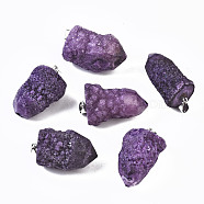 Rough Raw Electroplate Natural Druzy Agate Pendants, with Platinum Tone Iron Pinch Bail, Dyed, Nuggets, Medium Orchid, 32~40x21~25x18~21mm, Hole: 7x4mm(G-S359-274C)