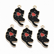 Alloy Enamel Pendants, Cat with Red Heart, Golden, Cadmium Free & Nickel Free & Lead Free, Black, 30.5x16x1mm, Hole: 2mm(ENAM-N055-001B-NR)