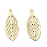 Brass Pendants, Long-Lasting Plated, Leaf, Real 24K Gold Plated, 23x9x0.5mm, Hole: 1.2mm(KK-Z007-10G)