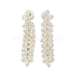 Brass Micro Pave Cubic Zirconia Stud Earrings, Leaf, Golden, 61x12.5mm(EJEW-B046-20G)