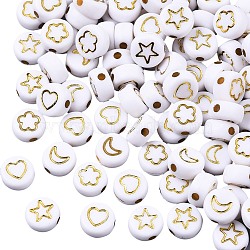 Opaque Acrylic Beads, Flat Round with Star/Moon/Flower, Golden Plated, White, 7x4mm, Hole: 1.6mm, about 1850pcs/250g(sgPACR-SZ0001-003B)