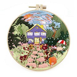 DIY Garden Pattern Embroidery Starter Kit, Cross Stitch Kit Including Imitation Bamboo Frame, Carbon Steel Pins, Cloth and Colorful Threads, Colorful, 177x164x8.5mm, Inner Diameter: 144mm(DIY-C038-15)