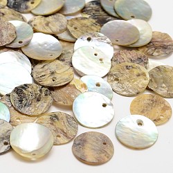 Flat Round Natural Akoya Shell Pendants, Mother of Pearl Shell Pendants, Tan, 15x1mm, Hole: 1mm; about 1440pcs/bag(SHEL-N031-01)