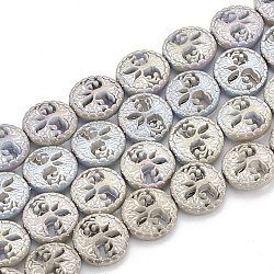 Electroplate Non-magnetic Synthetic Hematite Beads Strands, Matte Style, Flat Round with Tree of Life, Mixed Color, 12~12.5x4~4.5mm, Hole: 1mm, about 32pcs/strand, 15.74 inch(G-N0322-07)