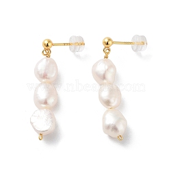 Natural Pearl Stud Earrings for Women, Sterling Silver Dangle Earrings, Real 18K Gold Plated, 35.5x8mm(EJEW-E303-35G)