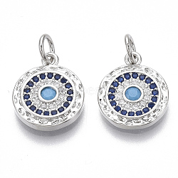 Brass Micro Pave Cubic Zirconia Charms, Flat Round, Nickel Free, Blue, Real Platinum Plated, 14.5x12x2mm, Jump Ring: 5x0.8mm, Inner Diameter: 3mm(X-KK-S356-017P-NF)