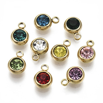 4Pcs Vacuum Plating 303 Stainless Steel Rhinestone Charms, Birthstone Charms, Flat Round, Real 18K Gold Plated, Mixed Color, 8.5x6x3mm, Hole: 1.5mm