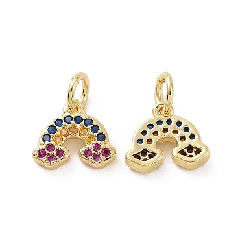 Brass Micro Pave Cubic Zirconia Charm, with Jump Rings, Rainbow Charm, Real 18K Gold Plated, 8.5x10x2.5mm, Hole: 3.2mm