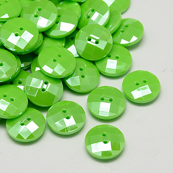 Taiwan Acrylic Buttons, Pearl Luster, Faceted, 2-Hole, Flat Round, Spring Green, 13x4.5mm, Hole: 1mm