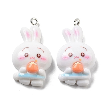 Opaque Resin Leveret Pendants, Rabbit Charms, White, 33x18x8mm, Hole: 2mm