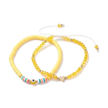 Heart Braided Bead Bracelets Set, Handmade Polymer Clay Heishi Surfer Bracelets, Preppy Jewelry for Women, Yellow, Inner Diameter: 2-1/8 inch(5.45cm)~3-3/8 inch(8.6cm), 1pc/style