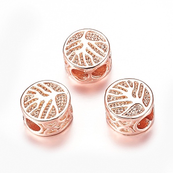 Brass Beads, Flat Round with Tree of Life, Cadmium Free & Lead Free, Rose Gold, 8x5mm, Hole: 3x5mm