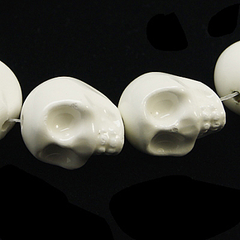 Handmade Porcelain Beads Strands, Bright Glazed Style, Skull, Halloween, White, 15x12x15mm, Hole: 1.5mm, about 12pcs/strand, 7.5 inch