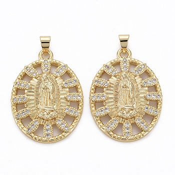 Brass Micro Pave Clear Cubic Zirconia Pendants, Nickel Free, Oval with Virgin, Real 16K Gold Plated, 33x24x5mm, Hole: 3x5mm