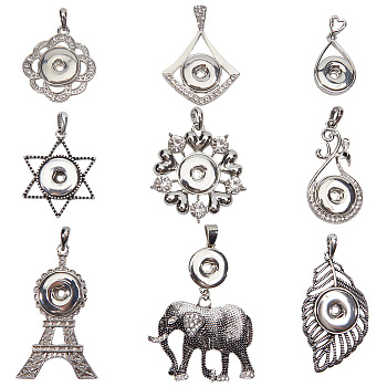9Pcs 9 Style Alloy Hang Snap Base Big Pendants, with Rhinestone, for Interchangeable Snap Charms Jewelry Making, Tower/Elephant/Teardrop, Antique Silver & Platinum, 34.5~73.5x28~50x4~5mm, Hole: 3.5~6.5x5~9mm, Inner Diameter: 4x5.5mm, 1pc/style