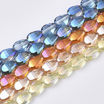 Electroplate Transparent Glass Beads Strands, Faceted, Teardrop, Mixed Color, 8.5x6x3.5mm, Hole: 1mm, about 80pcs/strand, 26.38 inch(67cm)