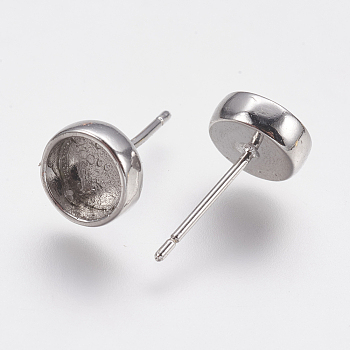 Brass Stud Earring Settings, Flat Round, Platinum, Tray: 6mm, 14.5x8mm, Pin: 0.8mm