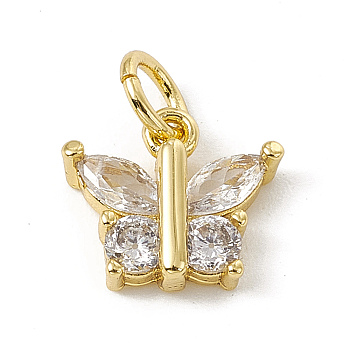 Brass Micro Pave Cubic Zirconia Charms, with Jump Rings, Butterfly Charms, Real 18K Gold Plated, 9.5x11x3mm, Hole: 3.4mm