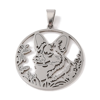 201 Stainless Steel Pendants, Stainless Steel Color, Hollow, Animal Charm, Wolf, 37.5x34.5x1.5mm, Hole: 4x7mm