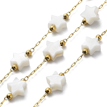 Natural Shell Star Beaded Link Chains, with Ion Plating(IP) Golden 304 Stainless Steel Paperclip Chains, Soldered, with Spool, Golden, 6x6x3mm, about 32.81 Feet(10m)/Roll