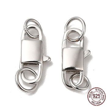 Rhodium Plated 925 Sterling Silver Lobster Claw Clasps, Rectangle with 925 Stamp, Platinum, 14.5x7x3mm