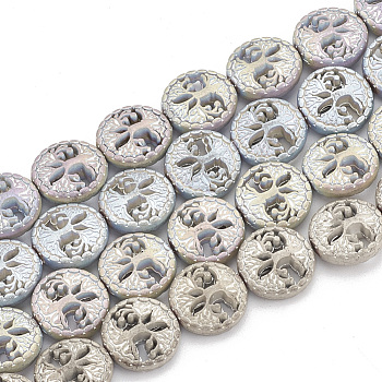 Electroplate Non-magnetic Synthetic Hematite Beads Strands, Matte Style, Flat Round with Tree of Life, Mixed Color, 12~12.5x4~4.5mm, Hole: 1mm, about 32pcs/strand, 15.74 inch