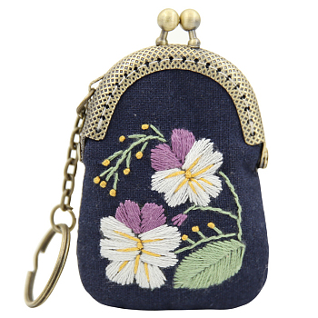DIY Kiss Lock Coin Purse Embroidery Kit, including Fabric, Embroidery Hoop, Needles & Thread, Metal Purse Handle, Instruction Sheet, Flower, 70x55mm