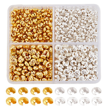 800Pcs 4 Style Brass Crimp Beads Covers, Nickel Free, Golden & Silver, 3~4mm, hole: 1.2~1.5mm, 200pcs/style