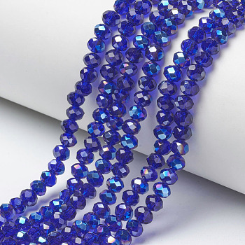 Electroplate Glass Beads Strands, Half Plated, Blue Plated, Faceted, Rondelle, Royal Blue, 4x3mm, Hole: 0.4mm, about 123~127pcs/strand, 16.5~16.9 inch(42~43cm)